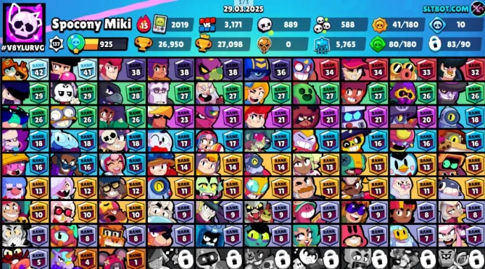 83 Brawler (11 legends): SPIKE + CROW + LEON + SANDY + AMBER + MEG + SURGE + CHESTER + CORDELIUS + KIT + DRACO  3720 Coins  54 Gems 26950 HT