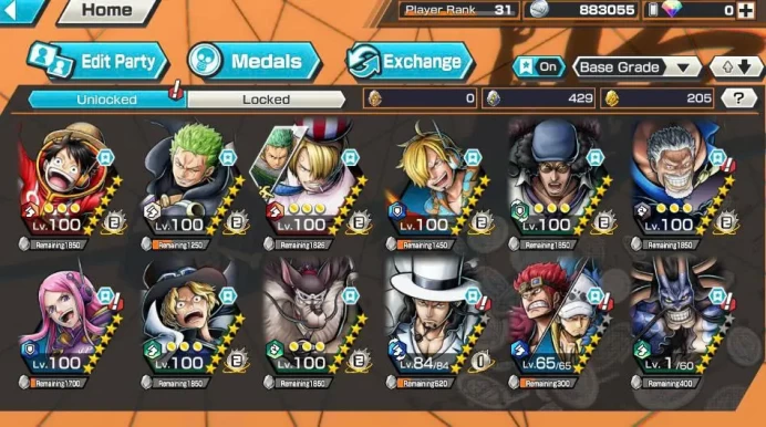 BR557-6 Ex Meta(Garp+Kuzan+Sabo+Lucci+Kid Law+Kaido)+Vip Medal+Support 161%+Egg Luffy Max+Egg Zoro Max+Egg Sanji Max+Jabra Max+King Max+205 Frag