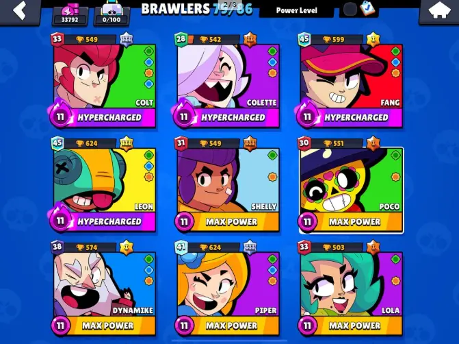 Mega Sale | 79 Brawlers | 33792 Trophies | 92 skin |13 Maxed | 4 silver skin |