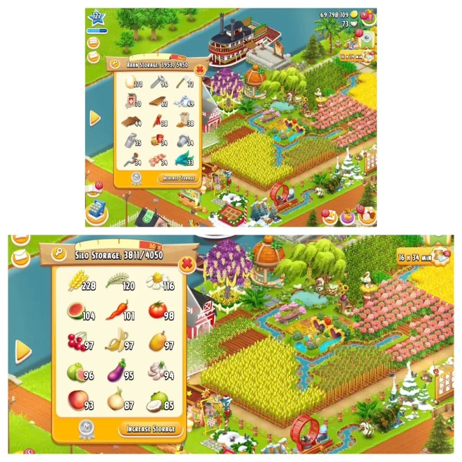 Level 127 |  Barn Storage 5450 | Silo Storage 4050  | Coins 69M+ | Diamonds 73 |  Android & iOS -- Instant Delivery.
