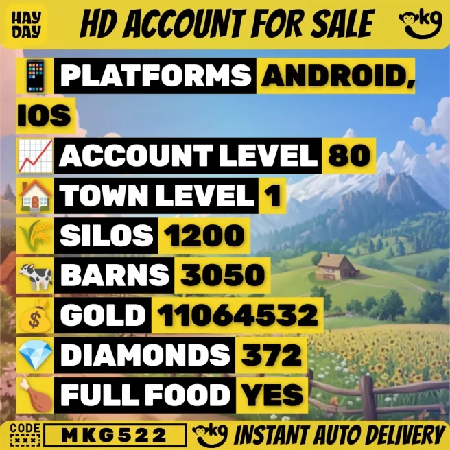Hay Day - LVL 80 -  Barn: 3050 -  Silo: 1200 -  372 Diamonds -  11,064,532 Coins -  Land Deed & Marker Stake -  Wheat -  Fu...! MKG522