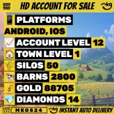 Hay Day - LVL 12 -  Barn: 2800 -  Silo: 50 -  14 Diamonds -  88,705 Coins -  Trade Market Blocked -  Full Access -  iOS/And...! MKG524