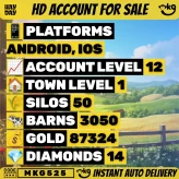 Hay Day - LVL 12 -  Barn: 3050 -  Silo: 50 -  14 Diamonds -  87,324 Coins -  Trade Market Blocked -  Full Access -  iOS/And...! MKG525