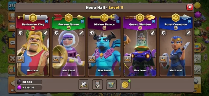 Th17 full max level 275/5hero  full max star war 3200/epic eqiument max level / 7700 trophy Gold pass acvtive /helper good level