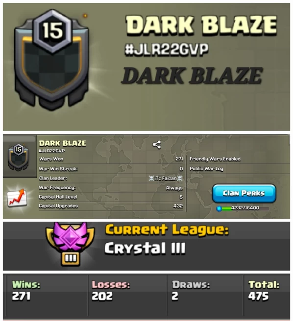 DARK BLAZE  !! LEVEL 15 !! CRYSTAL LEAUGE 3 !! CAPITAL PEAK 5 !! WIN 271 LOSS 202 !! PERFECT  NAME !! AFFORDABLE !! FAST DELIVERY