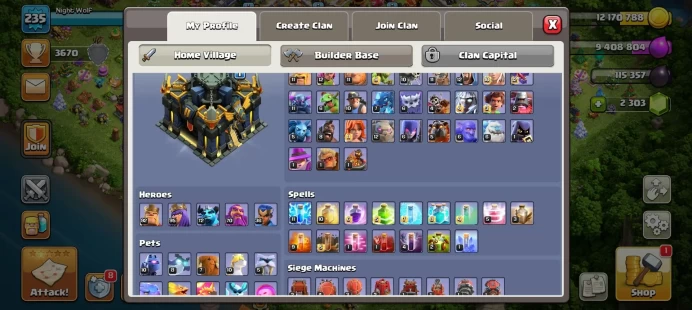 Magic items full  Th 17 Hero and defense max Th16  Except for the walls. Very old and beautiful trees and antiques  (13 years old) 