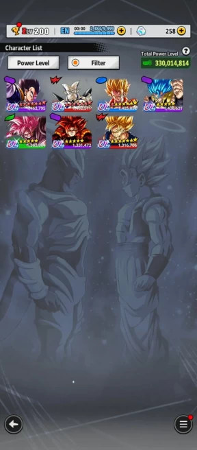 330m Pw+7 UL (Gogeta blue+ss4 Gogeta+Rose Goku+Sp Gogeta 8S) 38 LL(Buu kid+2 LF fusion+namek Goku+gotenks+GokuFrieza+Vegeta+go4)Have Equip (861)