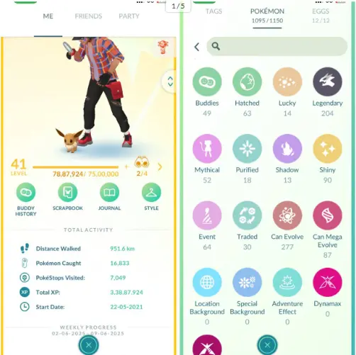 LEVEL41(TEAM INSTINCT)1095/1100 Pokemon 204Legendary 90Shiny 52Mythical 14Lucky 15 Legendary&Shiny 1367846 Stardust791/850 Items Instant Deliver