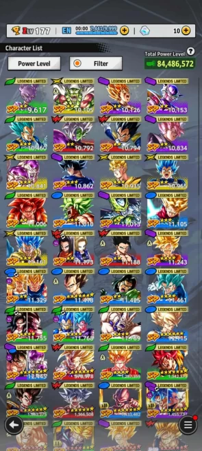 Nice Acc-40 Legends (Goku pur Full+Super Vegeta Full+Nappa 13s+Trunk Teen 10s+Vegeta 8s+Ui Goku 8s+Buu kid+Goku god)Vip Equip For Teams (864)