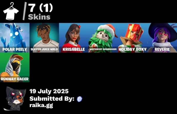 [PC/PSN/XBOX] 7 skins | Polar Peely | Slayer Juice WRLD | Krisabelle | Winterfest Bushranger | Holiday Boxy | Reverie | Runway Racer