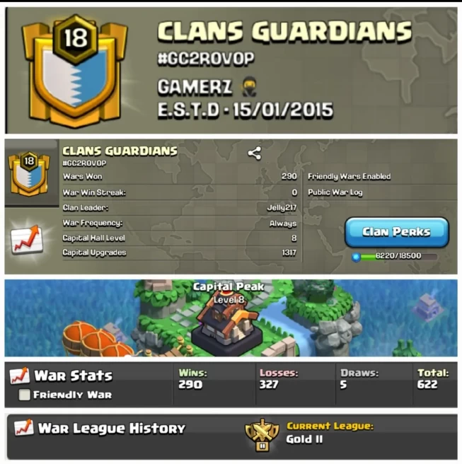 CLANS GURADIANS !! LEVEL 18 !! WIN 290 LOSS 327 !! CAPITAL PEAK 8 !! GOLD LEAUGE 2 !! AFFORDABLE !! FAST DELIVERY
