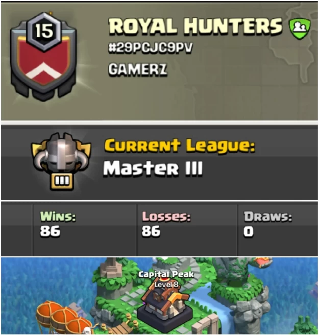 ROYAL HUNTERS !! LEVEL 15 !! MASTER 3 LEAUGE !! FULL ACTIVE CLAN !! WIN 86 LOSS 86 !! CAPITAL PEAK 8  !! AFFORDABLE !! FAST DELIVERY