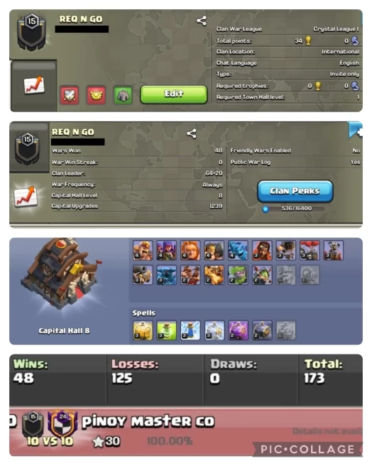 NAME- REQ N GO | LVL 15| WARLOG W/L/D:48/125/0| CWL League: Crystal league 1| CC: ALMOST 9 !!