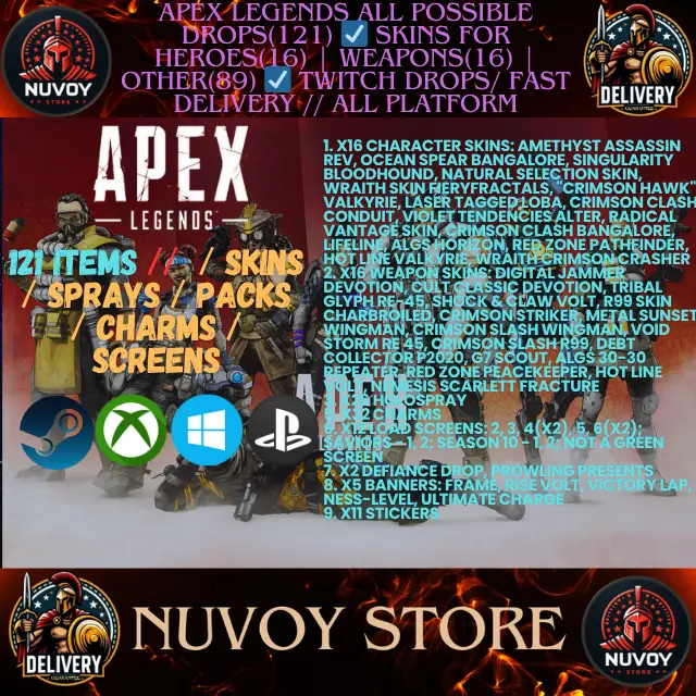 Apex Legends Twitch DROPS(121)  SKINS FOR HEROES(16) | WEAPONS(16) | OTHER(89) TWITCH DROPS // all platform