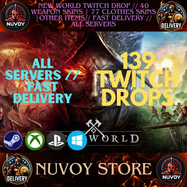 NEW WORLD ALL POSSIBLE DROPS 139 items// All Platform /  40 WEAPON SKINS | 77 CLOTHES SKINS | ITEMS 