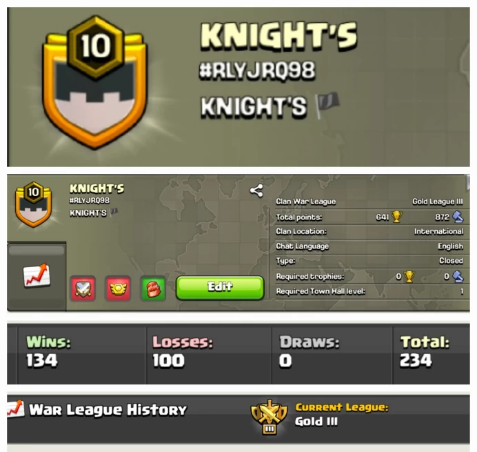 KNIGHT'S !! LEVEL 10 !! WIN 134 LOSS 100 !! POSITIVE WAR LOG !! GOLD LEAUGE 3 !! PERFECT NAME !! AFFORDABLE !! FAST DELIVERY