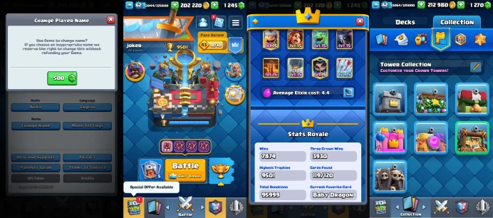 62LVL |15KT |31 Cards LVL15||81Cards LvL14) 91Emotes|7 Tower Skins | 1270Gems| 119Cards |Q520