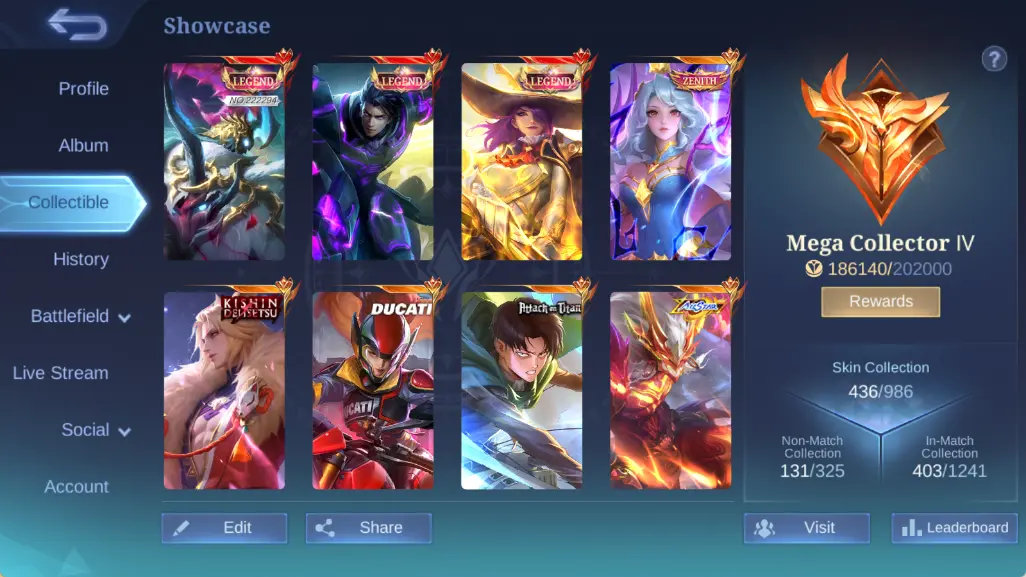 Hero 129 Skin 436|3 Legend,2 Zenith (Lunox,Selena),2Starwars,AoT Levi,Khisin Lancelot,AllStar,JJK,3 KOF,|Take Email|(MLBB1196)
