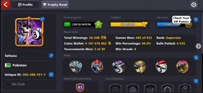 4.1 BILLION COINS 3 LEGENDARY CUEE OSAKA RING VIP GOLD 100+LEVEL 43 CCP FACEBOOK LINK NOT POSSIBLE MINICLIP LOGIN