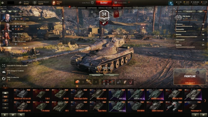 5 Tier X (AMX 30 B, AMX 50 B, AMX M4 54, Foch 155, S. Conqueror) in Garage + 3 Tier IX & 2 Tier VIII Prem. Tanks + 3500 Gold + 8 000 000 Credits