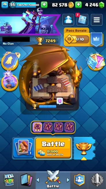 ◄ KT 15 ► LVL 55 ◆ 7249 TROPHIES ◆ 118 CARD ◆ LEVEL 14 [39] ◆ LEVEL 15 [6] ◆ 30 EMOTES ◆ 4 EVO CARD ◆2 SKINS ◆ 82k GOLD ◆ 4246 GEMS ◆ RL5