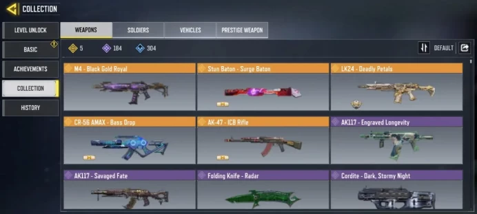Level 400 / 5 legend guns / 184 epic guns / 68 characters / Changable email / single save / cod 1