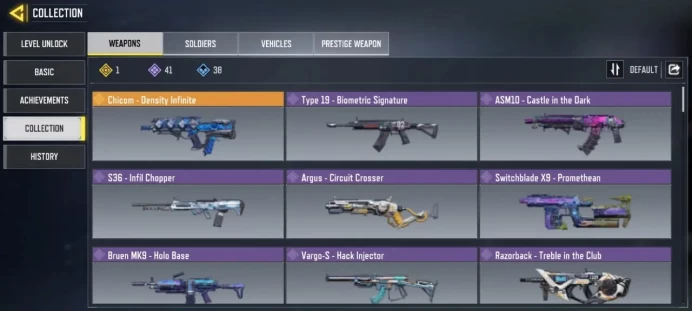 Level 58 / 1 legend gun / 41 epic guns / 21 characters / Changable email / single save / cod 18