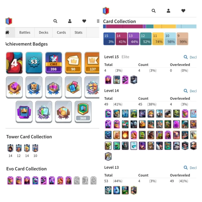 CR LVL 53 | MAX CARD 49 (ELITE 4) | EVO 8 | EMOTE 90 | BATTLE WONS 3585 | KT 14 | TROPHY 9325 | ARENA 23 | NC FREE | INSTANT DELIVERY