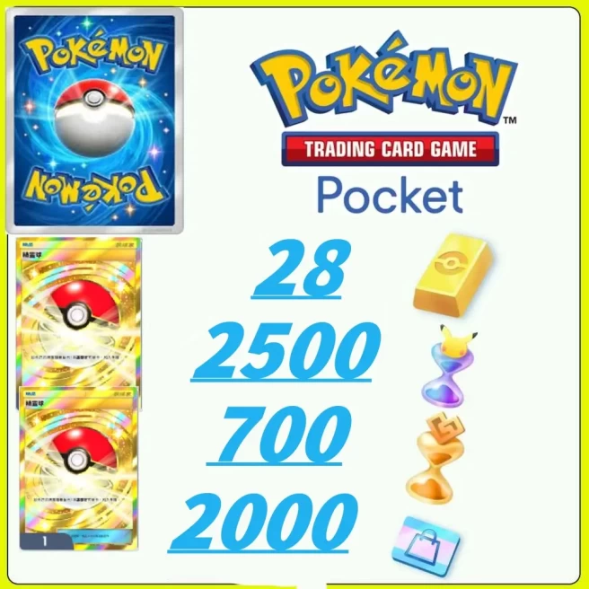 Global Server /1125draws - Pokémon Gold Bricks*28- Pack Opening Hourglass*2500- Challenge Hourglass*700- Store coupon*2000--Poké Ball*2