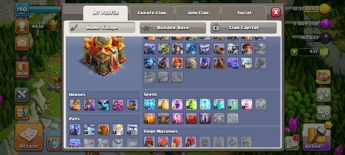 TH 16 / LeveL 190 / Wall Max / Gems 437 / Heroes (51 55 45 40 23) / CN 1500 / Skin Hero / Hero skin / cod 47