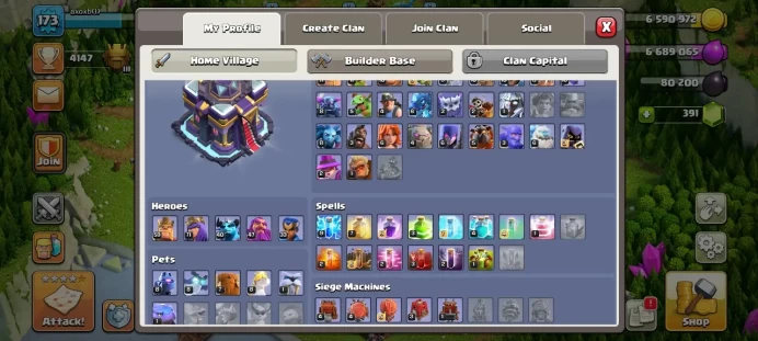 TH 15 / LeveL 173 / Gems 391 / Heroes (59 71 40 47 33) / CN 1000 / Skin Hero / Hero skin / cod 48
