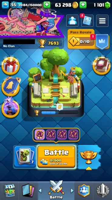 ◄ KT 15 ► LVL 55 ◆ 7693 TROPHIES ◆ 118 CARD ◆ LEVEL 14 [54] ◆ LEVEL 15 [3] ◆ 62 EMOTES ◆ 4 EVO CARD ◆ 9 SKINS ◆ 63k GOLD ◆ 1101 GEMS ◆ RL27