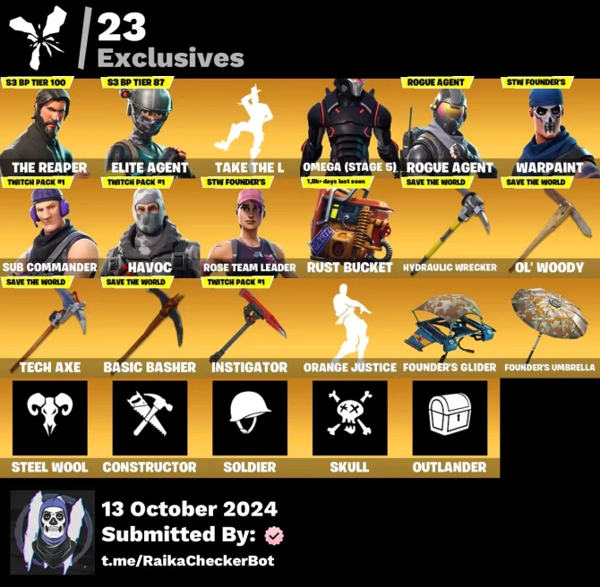 [PC/PSN/XBOX] 88Skins *Reaper*|Omega(Max),OG STW,Rap Boy,Take The L,Skeletara,Surf Witch,Clara,Skye,Battlehawk,Deadpool,Sorana,Omen| Full Access