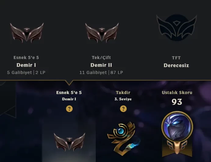 [EUW] Season 15 | Iron 2 %52.4 WR (TOP) | 0 Skin | 14.5K BE | Honor 3 | 50 Champs | CHANGEABLE E-MAIL Wins: 11 Losses: 10