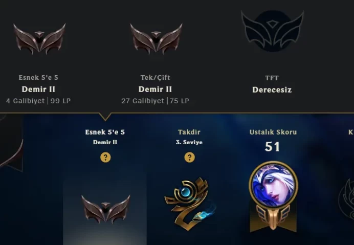 [EUW] Season 15 | Iron 2 %40.9 WR (ADC) | 0 Skin | 5.1K BE | Honor 3 | 58 Champs | CHANGEABLE E-MAIL Wins: 27 Losses: 39