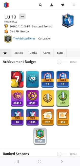 Clash roya)l KT15 - lvl70 - Cards120/120 - elite Card 120 _evo card 35 /Emote 246 / skin tower 18