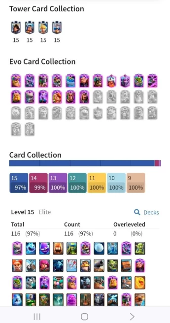 Android/iOS)KT15-lvl60- Cards110/120-Elite16 /Max Card 84 / lvl13card 4 /Emote 100 /skin tower18 gold 5m