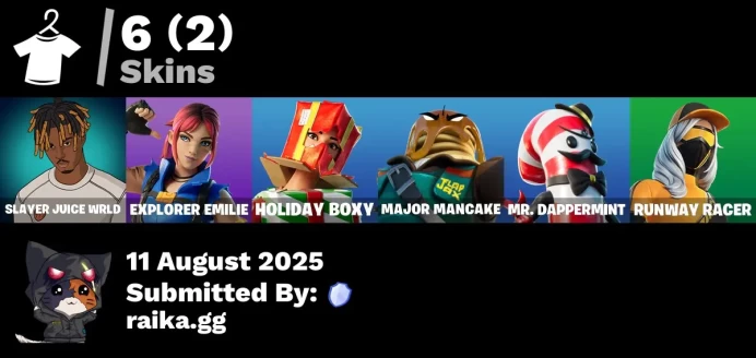 [PC/PSN/XBOX] 6 skins | Slayer Juice WRLD | Explorer Emilie | Holiday Boxy | Major Mancake | Mr. Dappermint | Runway Racer