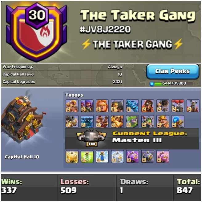 LEVEL- 30 | NAME- THE TAKER GANG I WAR LOG WIN- 337 : LOSS- 509 | CWL- MASTER 3 | CC- MAX | AMAZING NAME & WAR LOG | INSTANT DELIVERY