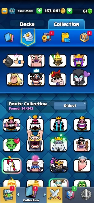 Clashroyall (Android/iOS)  KT 12 -lvl 35 -Cards 104 /120 -  Max Card 6 / Lvl 13 Card 1 / Emote 24 / Tower skin 1 /Fast delivery