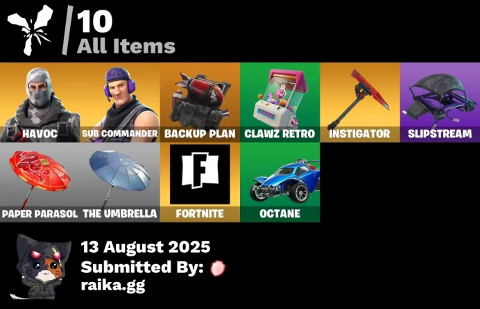 [PC/PSN/XBOX] 2 skins | Havoc | Sub Commander | Instigator | Fortnite | Backup Plan | Clawz Retro | Slipstream | Paper Parasol | The Umbrella