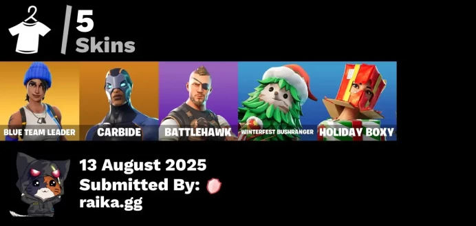 [PC/PSN/XBOX] 5 skins | Blue Team Leader | Verve | Blue Streak | Carbide | Battlehawk | Winterfest Bushranger | Holiday Boxy | Lectro Guard Pack