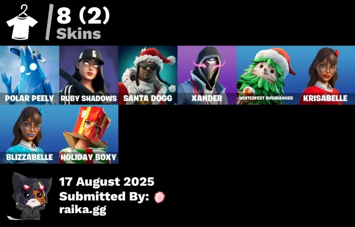 [PC/PSN/XBOX] 8 skins | Polar Peely | Ruby Shadows | Santa Dogg | Xander | Winterfest Bushranger | Krisabelle | Blizzabelle | Holiday Boxy
