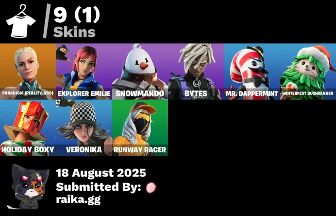 [PC/PSN/XBOX] 9 skins | Paradigm (Reality-659) | Explorer Emilie | Snowmando | Bytes | Mr. Dappermint | Winterfest Bushranger | Holiday Boxy