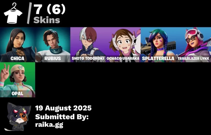 [PC/PSN/XBOX] 7 skins | Chica | Rubius | Shoto Todoroki | Ochaco Uraraka | Splatterella | Trailblazer Lynx | Opal | Ruby Relic | Piñata Brian