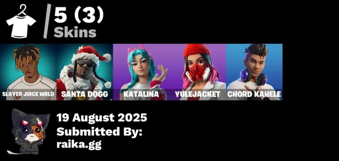 [PC/PSN/XBOX] 5 skins | Slayer Juice WRLD | Santa Dogg | Katalina | Yulejacket | Chord Kahele | Gwenpool's Katanas | That's Cold Jac! | 