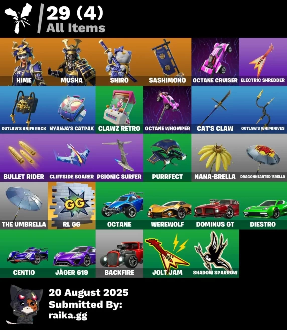 [PC/PSN/XBOX]  2 skins | Hime | Musha | Shiro | Sashimono | Octane Cruiser | Electric Shredder | Outlaw's Knife Rack | Nyanja's Catpak | 