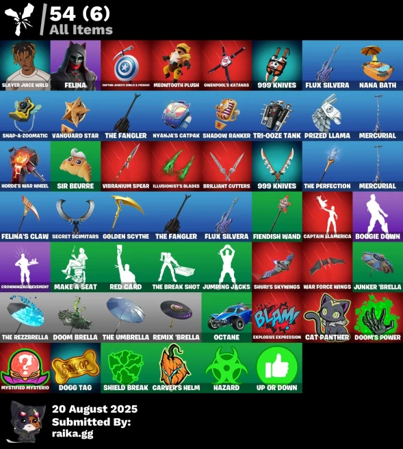 [PC/PSN/XBOX] 2 skins | Slayer Juice WRLD | Felina | Captain Jones's Shield & Pickaxe | Meowtooth Plush | Gwenpool's Katanas | 999 Knives