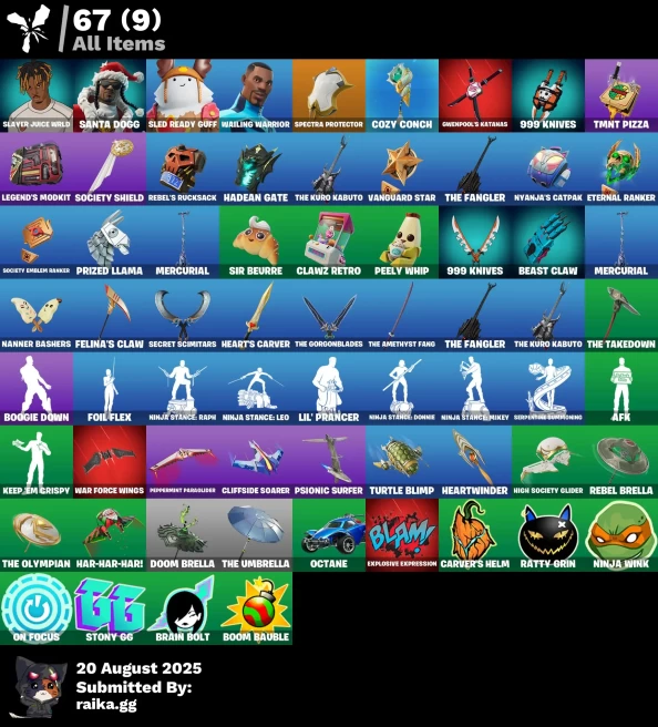 [PC/PSN/XBOX] 4 skins | Slayer Juice WRLD | Santa Dogg | Sled Ready Guff | Wailing Warrior | Spectra Protector | Cozy Conch | Gwenpool's Katanas