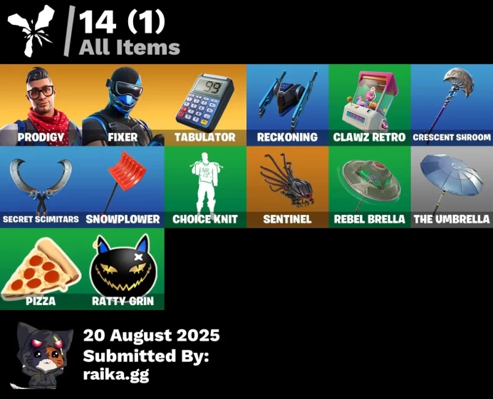 [PC/PSN/XBOX] 2 skins | Prodigy | Fixer | Tabulator | Reckoning | Clawz Retro | Crescent Shroom | Secret Scimitars | Snowplower | 